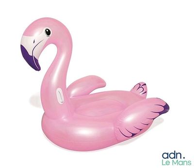 an inflatable pink flamingo floating pool toy on a white background