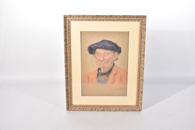 un tableau représentant un vieil homme coiffé d'un chapeau bleu et tenant une pipe