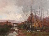 painting of a river with a bridge in the distance and trees in the foreground