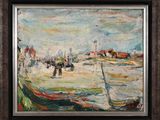 tableau représentant des bateaux sur une plage, avec une maison en arrière-plan