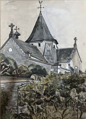 tableau représentant une église avec un clocher et un jardin au premier plan