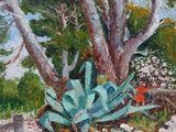 a painting of a cactus plant in the middle of a dirt road