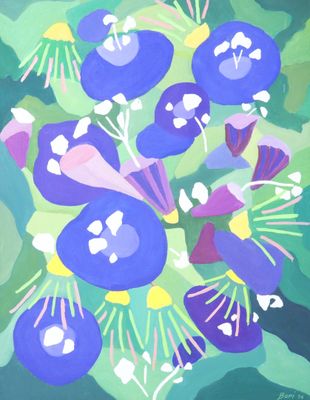 painting of a bunch of blue flowers on a green background