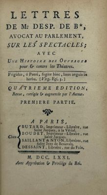 [DESPREZ DE BOISSY (Charles)]. Lettres sur les spectacles ; …
