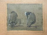 drawing of a man and a woman bending over to look at a basket