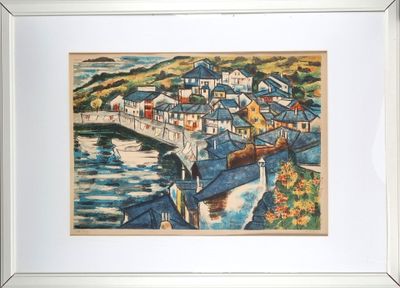 une image d'une peinture d'une ville au bord de l'eau