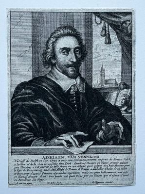 une vieille gravure représentant un homme assis à une table, un livre à la main