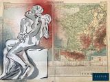 un dessin représentant un homme assis sur un banc à côté d'une carte