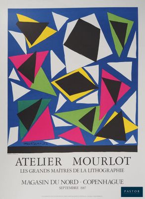 une affiche représentant une peinture abstraite colorée sur fond bleu