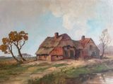 painting of a farm with a thatched roof next to a river