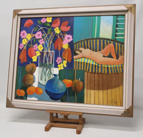Yves AUBRY (1945-2023) « Nu au bouquet de fleurs ». Huile sur toi...