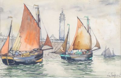 deux bateaux à l'eau, avec un phare en arrière-plan