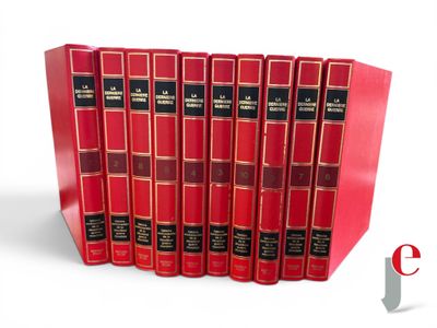 six red books are lined up in a row on a white surface