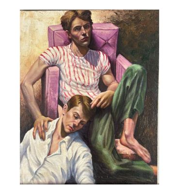 tableau représentant un homme et une femme assis sur une chaise rose