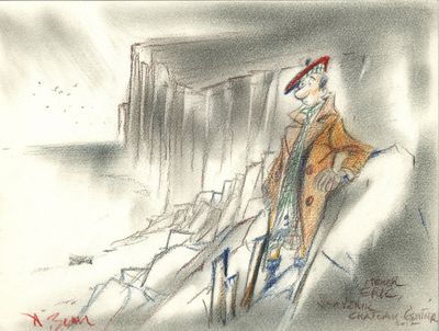 dessin représentant un homme, coiffé d'un chapeau et vêtu d'un manteau, regardant par la fenêtre