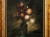 an oil painting of a vase of flowers on a table