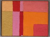 peinture abstraite représentant des carrés rouges, jaunes, roses et orange sur un fond gris