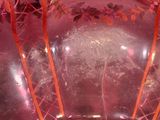 a glass bowl that has a red design on it