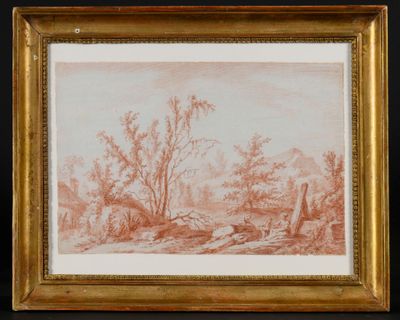un tableau représentant un paysage avec des arbres au premier plan