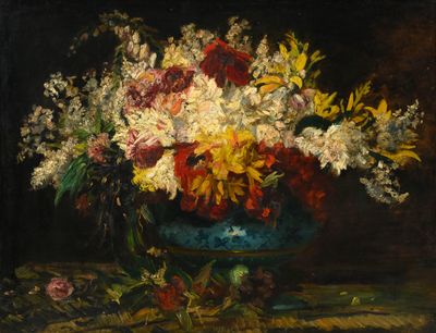 une peinture de fleurs dans un vase sur une table