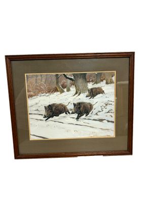 painting of a herd of wild boars in a snowy landscape