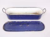 pair of blue and white enamel covered casserole dishes with handles