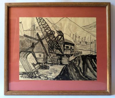 drawing of a construction crane in a frame hanging on a wall