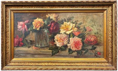 a painting of roses in a vase on a table