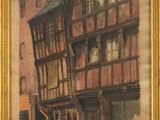 an image of a painting of a building in a frame on a wall