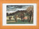 painting of a landscape with trees and a barn in the distance
