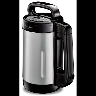 un gros plan d'une cafetière noire et argentée sur fond blanc