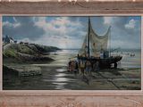 a picture of a painting of a boat on the beach