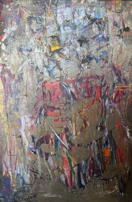 an image of a painting of a group of people standing in front of a wall