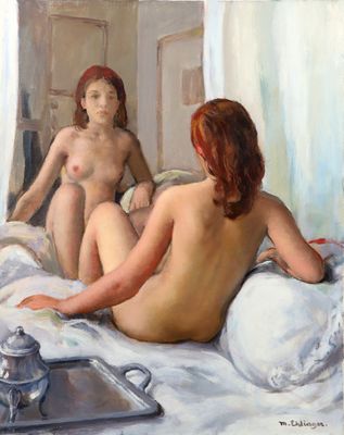 un tableau représentant deux femmes nues assises sur un lit