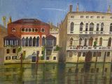 une peinture représentant des bâtiments au bord de l'eau