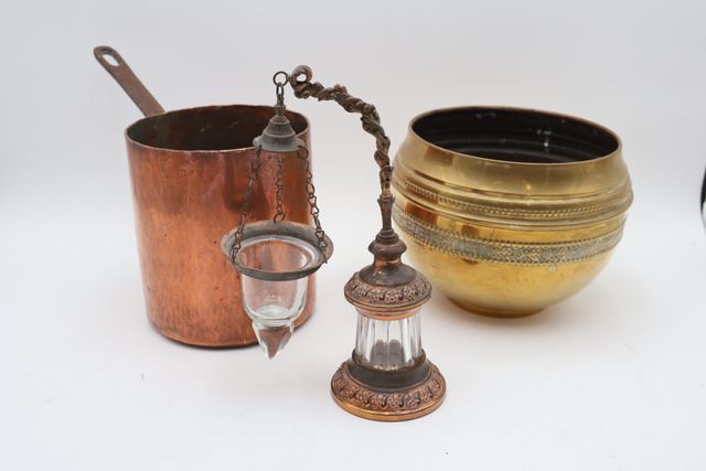 Cache pot en cuivre, casserole en cuivre et photophore