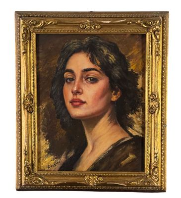 an oil painting of a woman ' s face in a gold frame