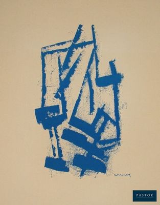 une image représentant un tableau bleu et blanc accroché à un mur beige