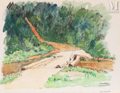 tableau représentant un chemin de terre dans une zone boisée, avec des arbres en arrière-plan