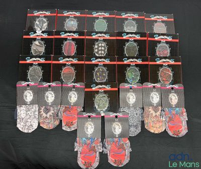 many pairs of socks with pictures of women on them