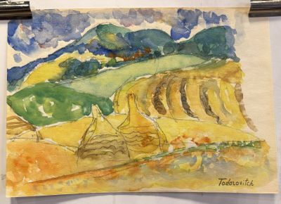 a watercolor painting of a farm scene with a plow