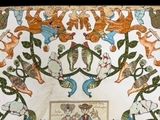 a picture of a table cloth with animals and birds on it