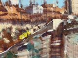 an oil painting of a bridge over a river with buildings in the background