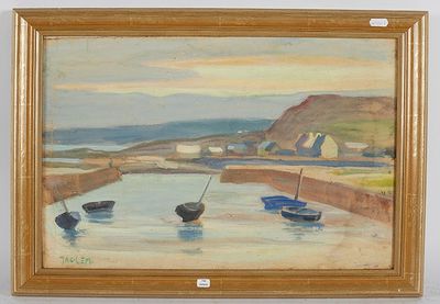 un tableau représentant des bateaux sur un plan d'eau, avec une montagne en arrière-plan