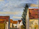 an oil painting of a street scene with buildings and a tree