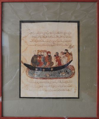 painting of a boat with people in it in a red frame