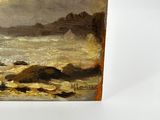 an oil painting of a boat in the ocean on a cloudy day