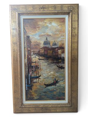 an oil painting of a venice canal scene with gondola and gondola boats