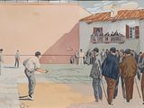 a painting of a group of men playing a game of baseball