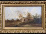 un tableau représentant une maison dans un champ, avec des arbres en arrière-plan